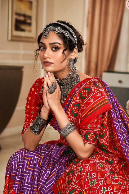 Purple & Ferrari Red Leheriya Style Patola Saree with Fancy Red Blouse