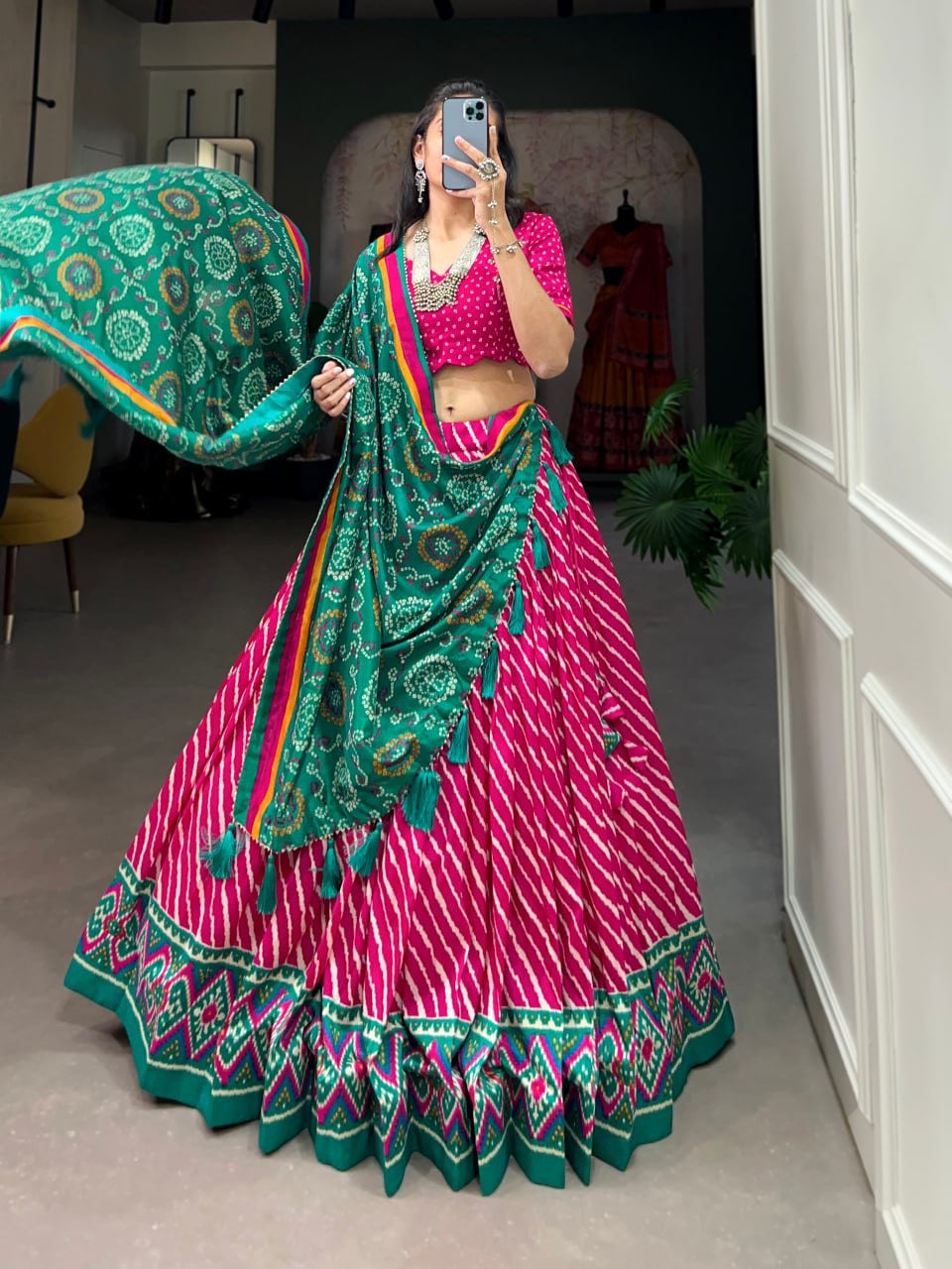 Hot Pink & Jungle Green Leheriya Style Lehengas with Blouse and Dupatta