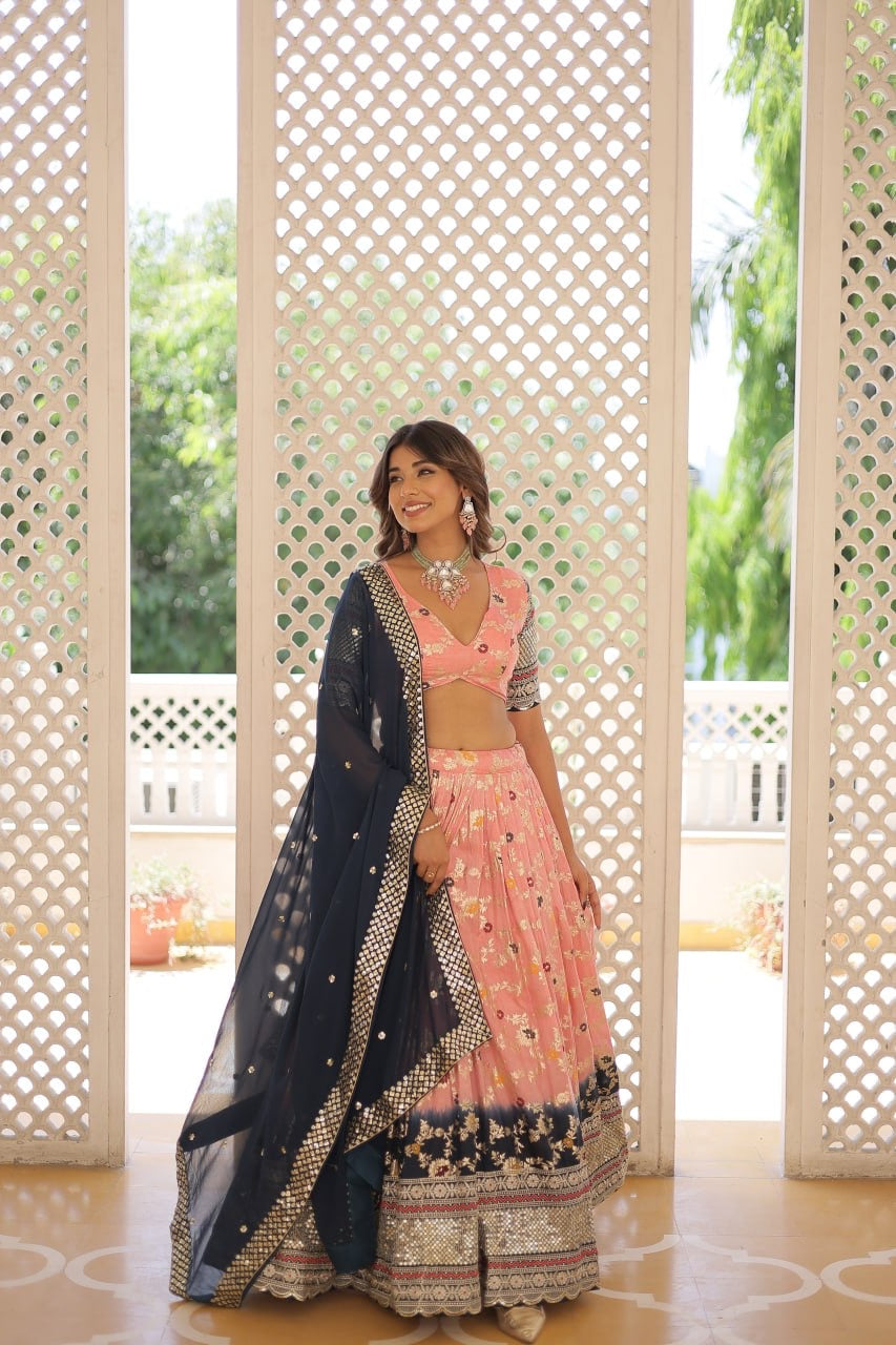 Peach & Blue Designer Lahenga Choli For Woven Dupatta and Pretty Blouse
