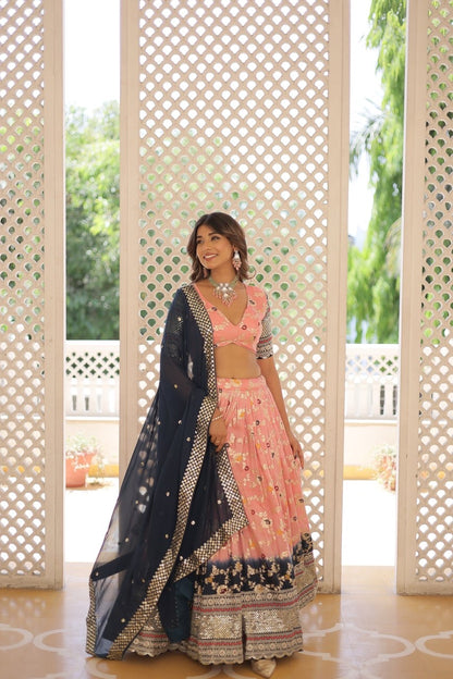 Peach & Blue Designer Lahenga Choli For Woven Dupatta and Pretty Blouse