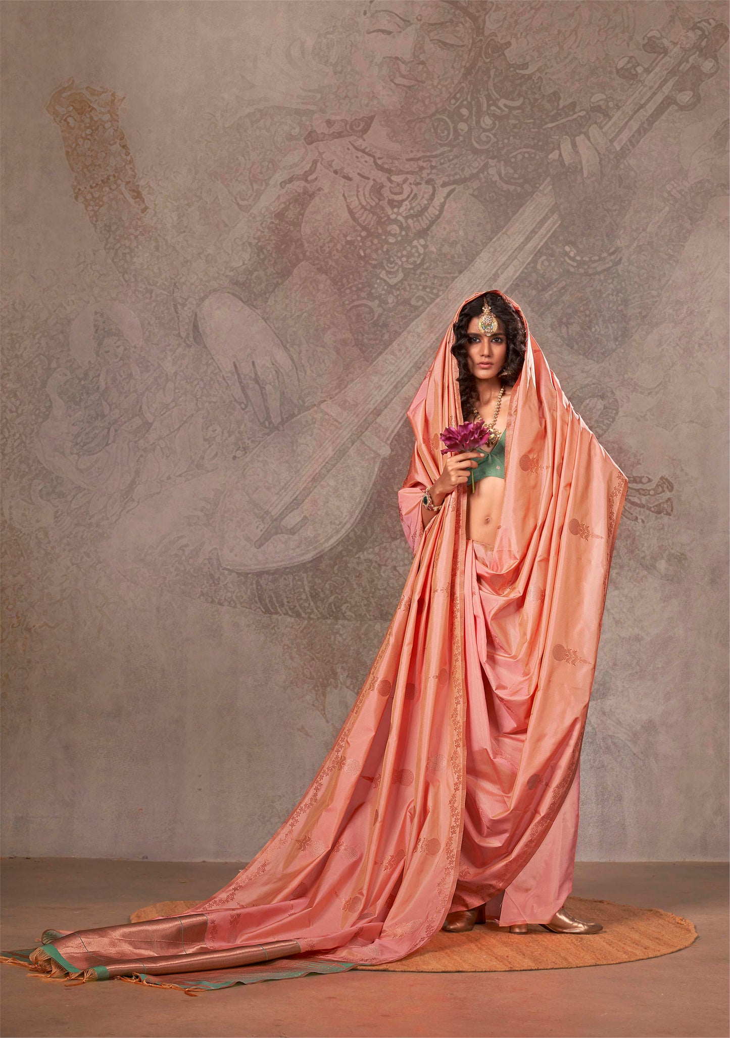 Tangerine Orange Kanjeevaram Silk Saree with Jungle Green Pretty Blouse