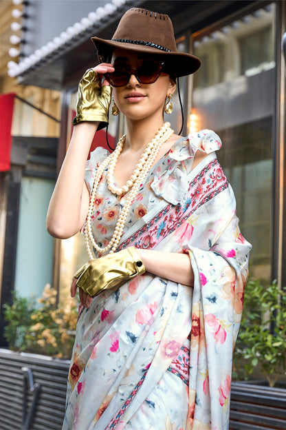 Off White & Multicolored Printed Saree with Designer Blouse