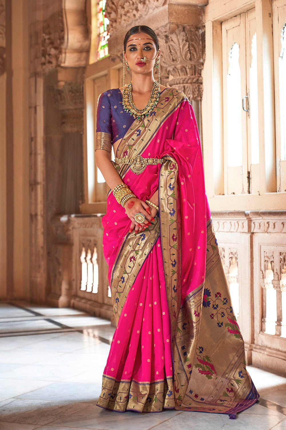 Hot pink &Golden Border Paithani Saree with Purple Designer Blouse