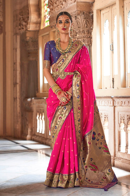 Hot pink &Golden Border Paithani Saree with Purple Designer Blouse