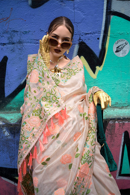 Cream Floral Border Banarasi Silk Saree with Off White Blouse