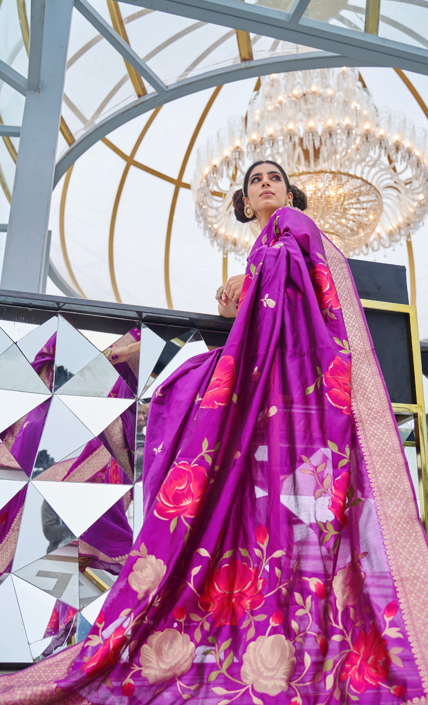 Fandango Purple & Gplden Border Floral Banarasi Silk Saree with Fancy Blouse