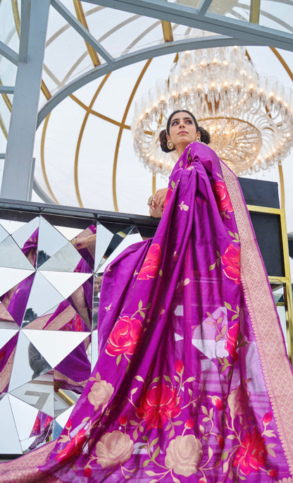 Fandango Purple & Gplden Border Floral Banarasi Silk Saree with Fancy Blouse