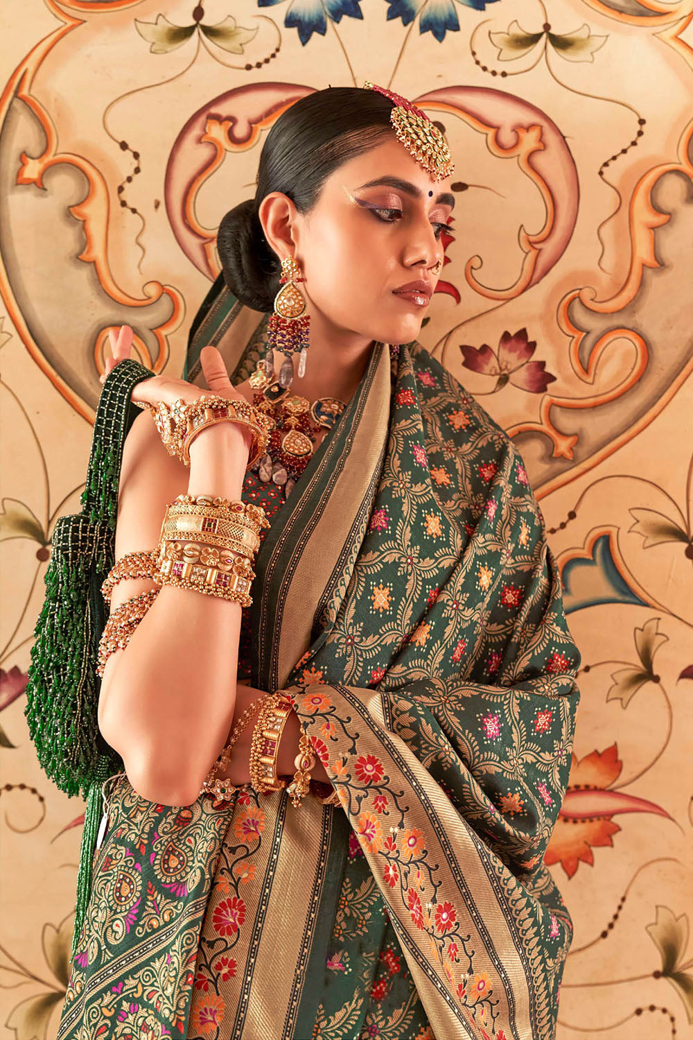 Army Green & Golden Border Patola Saree with Contrast Designer Blouse
