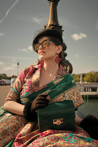Forest Green Kashmiri Silk Saree with Beautiful Pink Designer Blouse