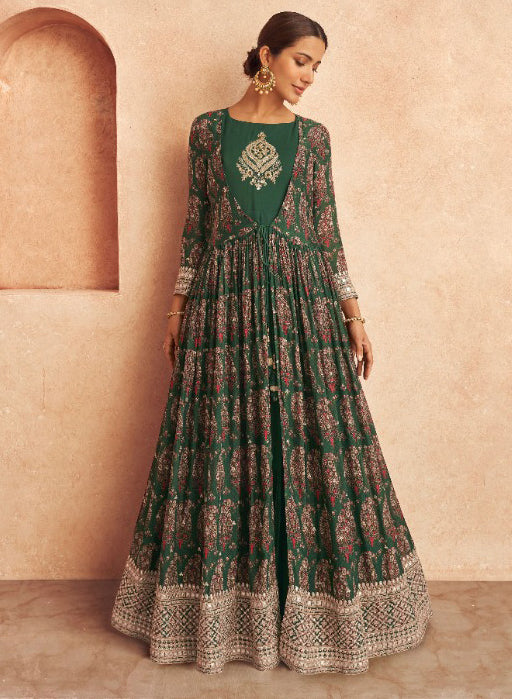 Forest Green Embroidery Neck Palazzo Suit with Pretty Tunic Top and Green Palazzo Pant