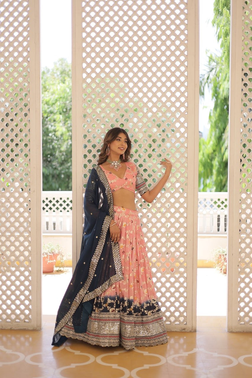 Peach & Blue Designer Lahenga Choli For Woven Dupatta and Pretty Blouse