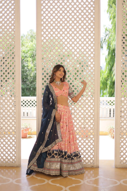 Peach & Blue Designer Lahenga Choli For Woven Dupatta and Pretty Blouse