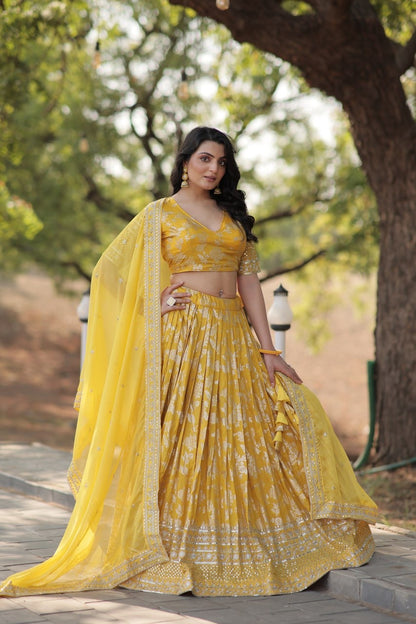 Yellow Banarasi Woven Jaal Design Silk Lehengas with Stunning Blouse