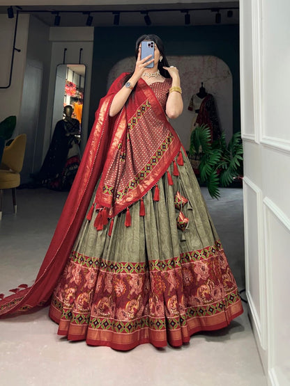 Red & Green Banarasi Brocade Woven Jaal Design Silk Lehengas with Dupatta
