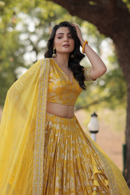 Yellow Banarasi Woven Jaal Design Silk Lehengas with Stunning Blouse