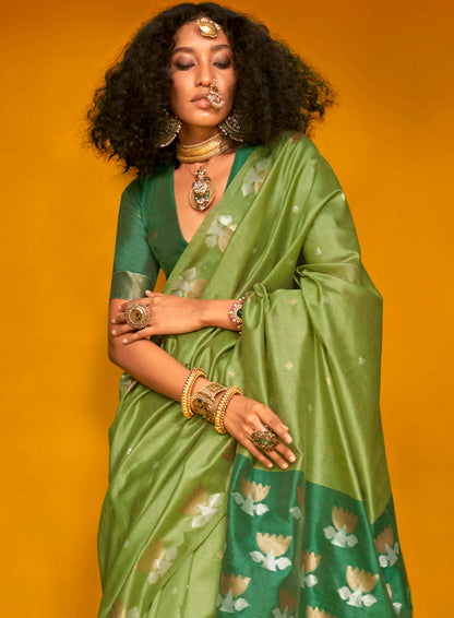 Kelly Green & Dark Green Satin Saree with Same Colored Blouse