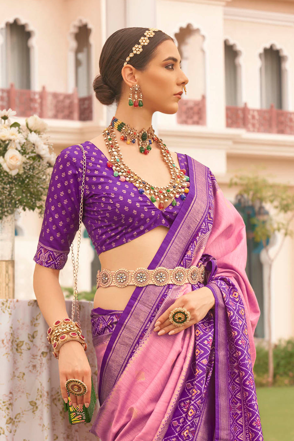 Purple & Baby Pink Ikkat Patola Saree with Designer Contrast Blouse