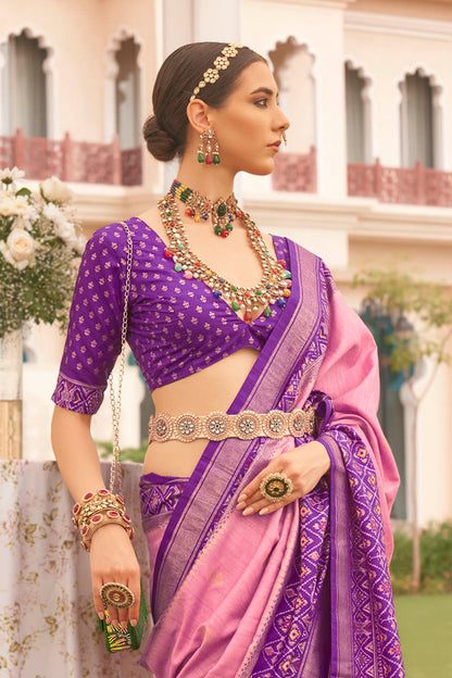 Purple & Baby Pink Ikkat Patola Saree with Designer Contrast Blouse