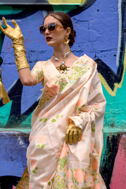 Cream Floral Border Banarasi Silk Saree with Off White Blouse