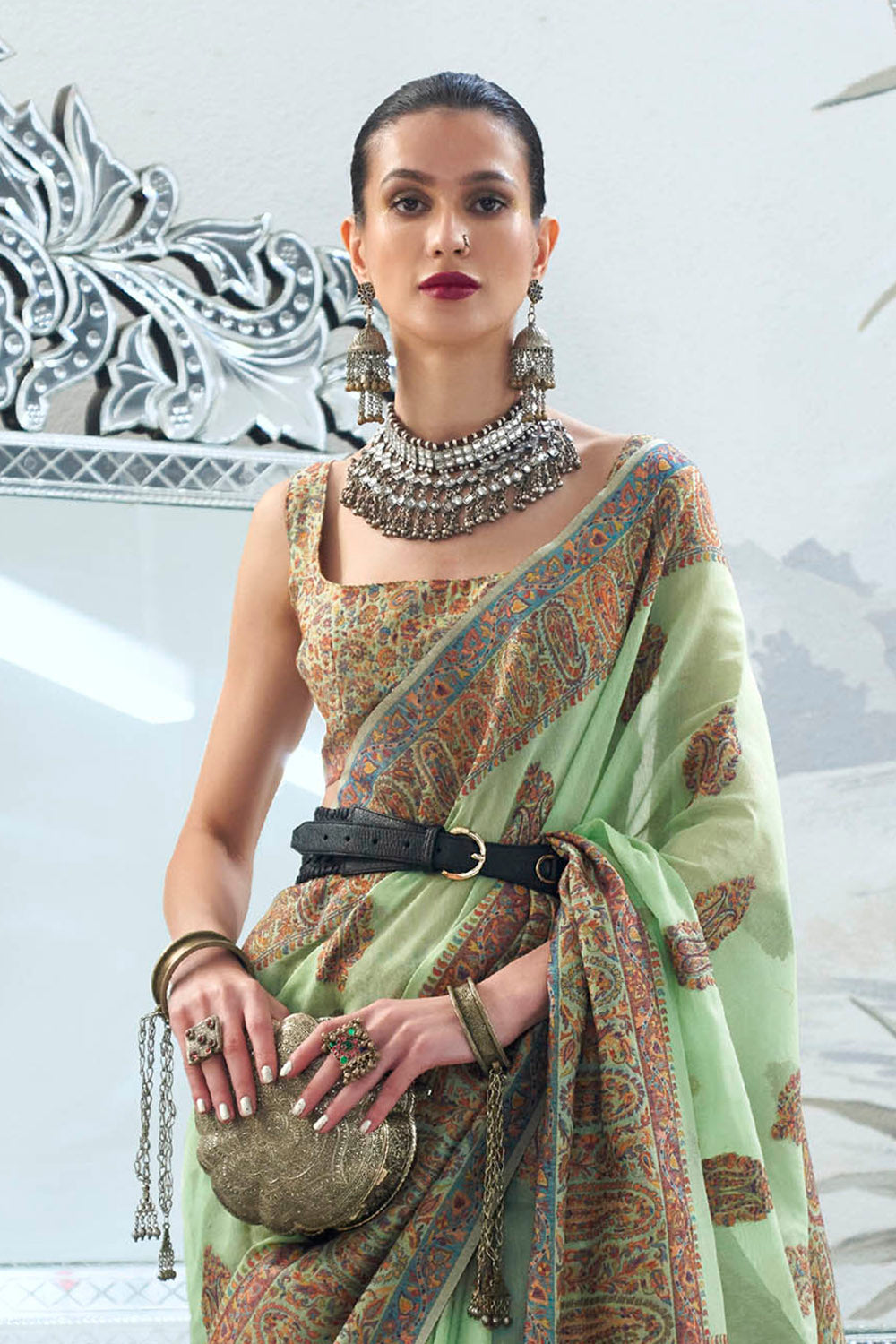 Mint Green & Floral Design Kashmiri Kani Saree with Beautiful Designer Blouse