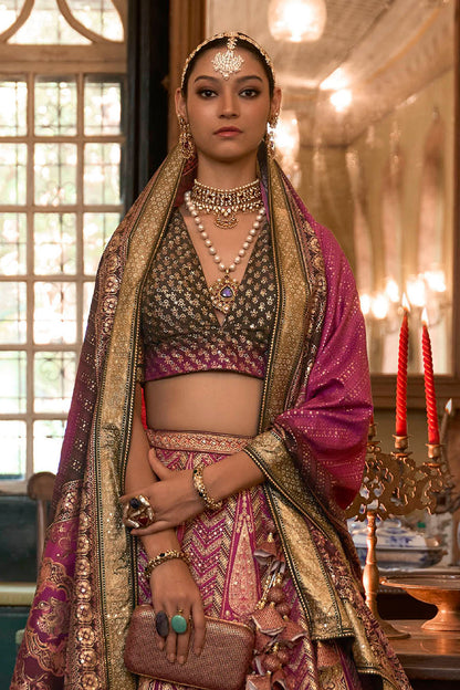 Olive with Pink Maharani Style Soft Silk Designer Lahenga Choli for Woman