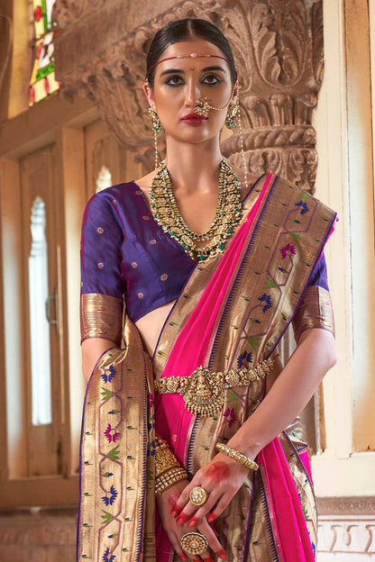 Hot pink &Golden Border Paithani Saree with Purple Designer Blouse