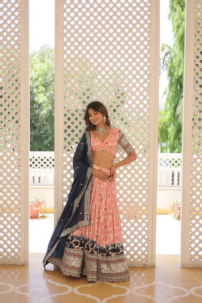 Peach & Blue Designer Lahenga Choli For Woven Dupatta and Pretty Blouse