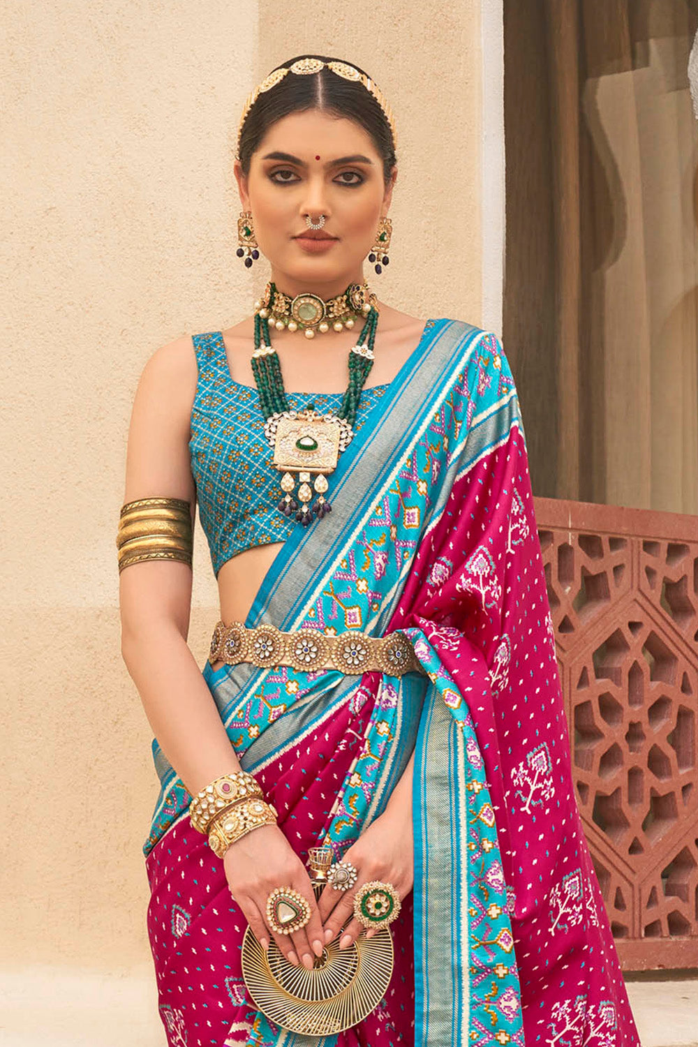 Baby Pink & Ruby Pink Ikkat Patola Saree with Contrast Baby Blue Pretty Blouse