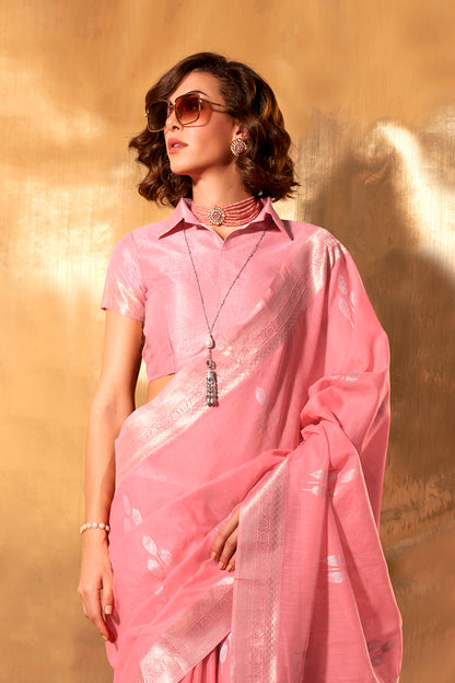 Rose Pink Banarasi Silk Saree with Pretty Same Colored Blouse