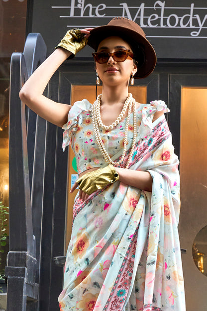 Off White & Multicolored Printed Saree with Designer Blouse
