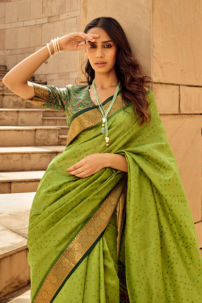 Kelly Green & Golden Border Bandhani Saree with Sea Green Designer Blouse