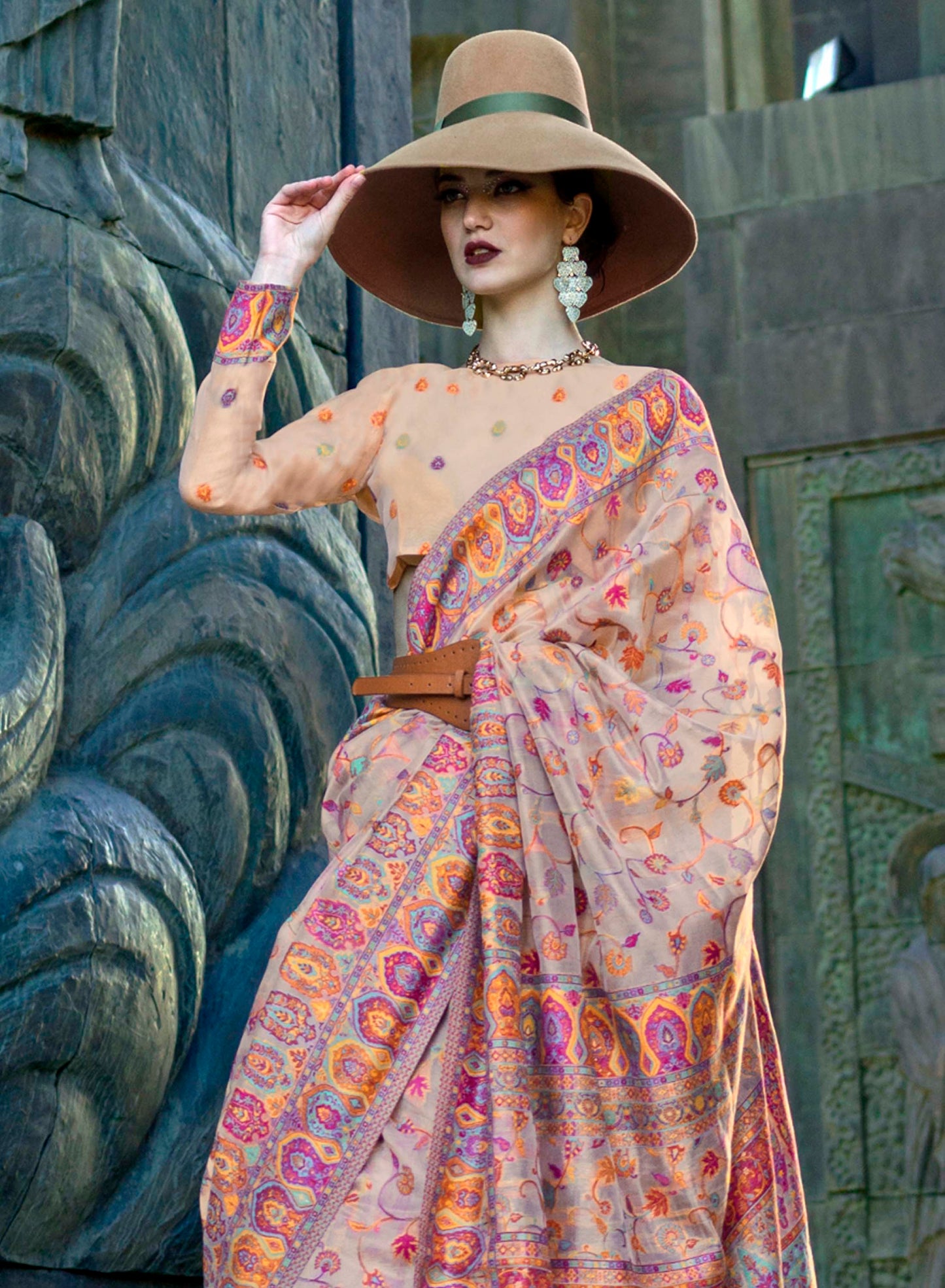 Carnation Pink Floral Kashmiri Kani Silk Saree with Pretty Blouse