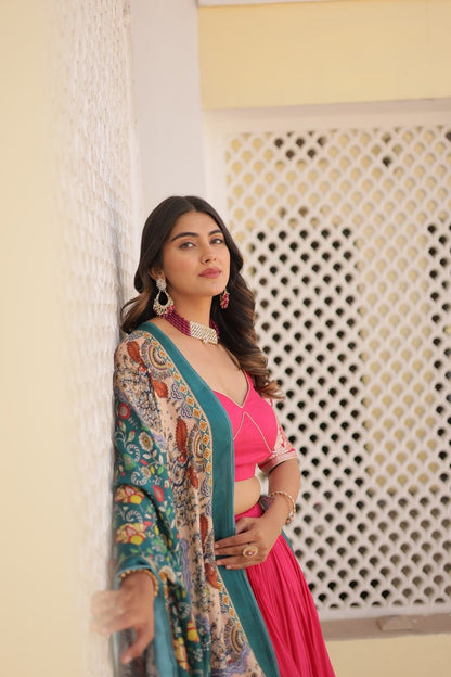 Ruby Pink Kalamkari South Indian Style Designer Lehengas with Blouse
