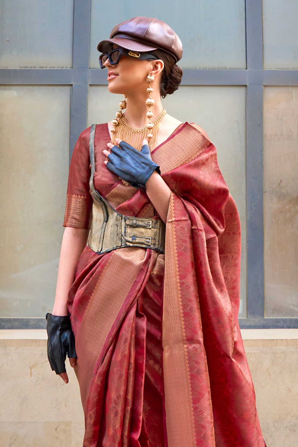Crimson Red & Golden Border Banarasi Silk Saree with Contrast Blouse