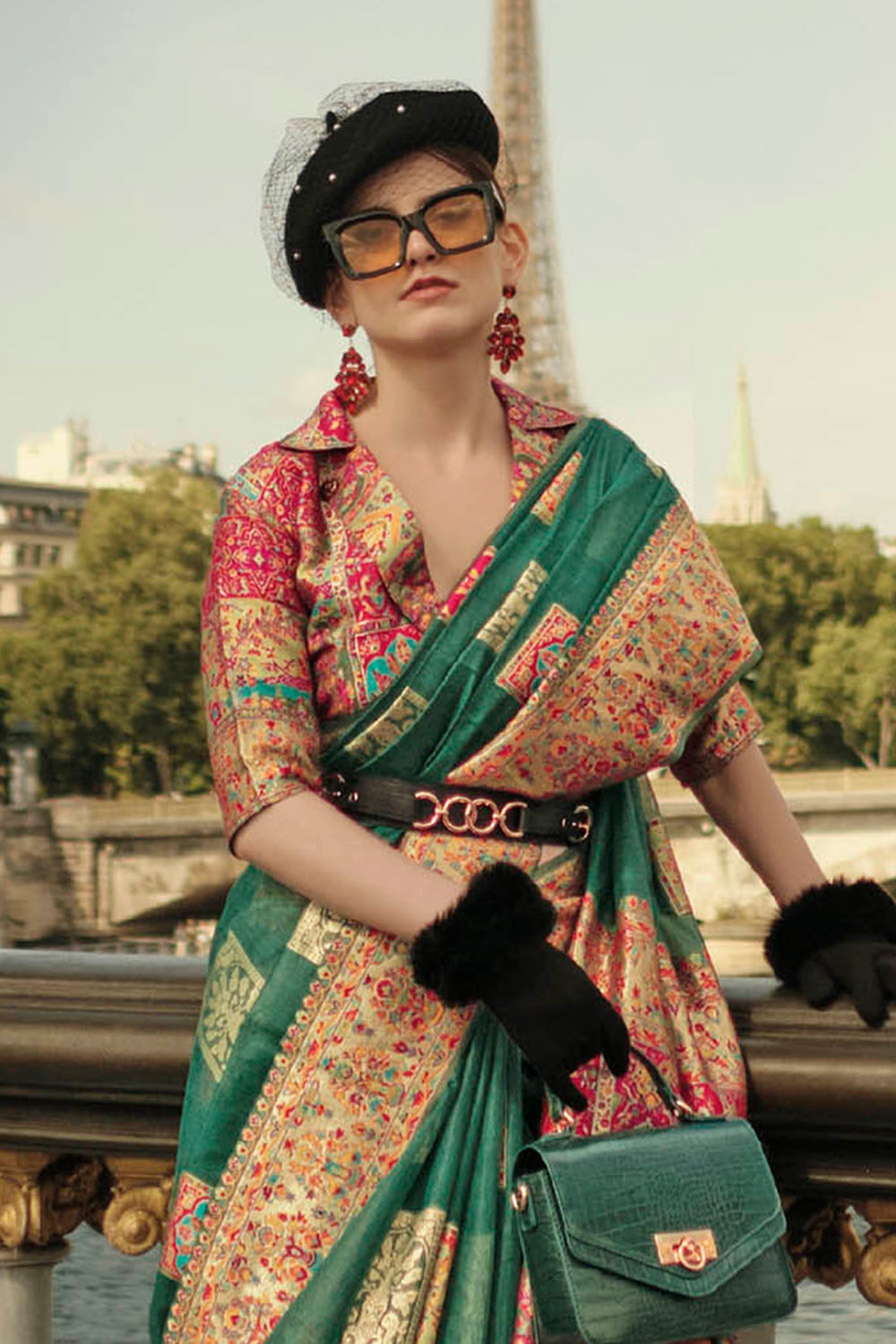 Forest Green Kashmiri Silk Saree with Beautiful Pink Designer Blouse