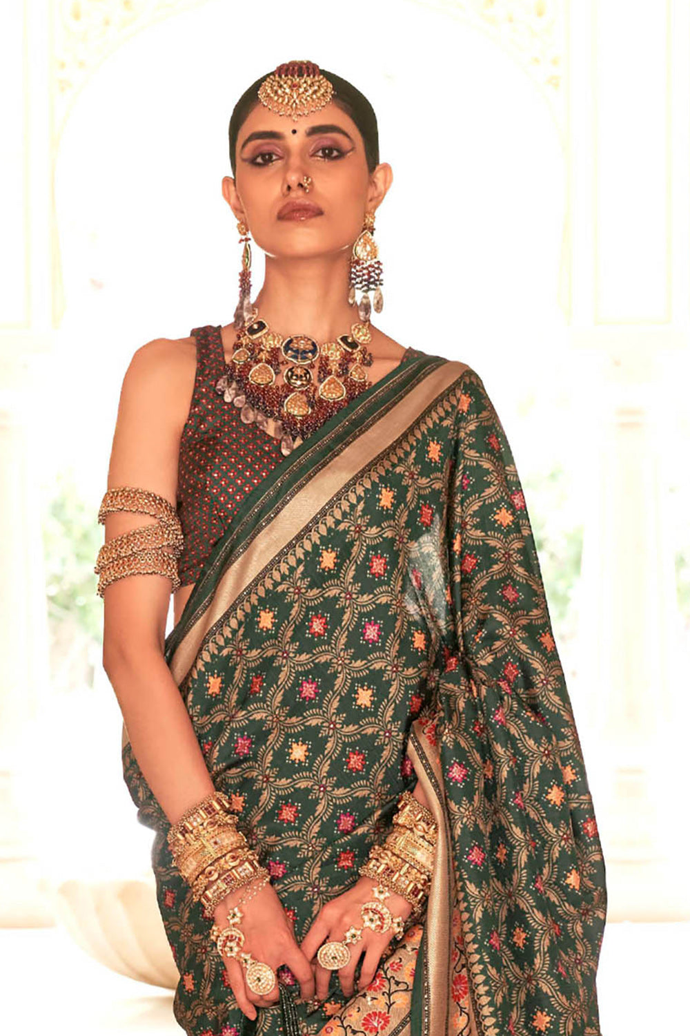 Army Green & Golden Border Patola Saree with Contrast Designer Blouse