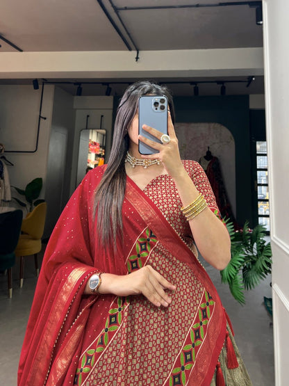 Red & Green Banarasi Brocade Woven Jaal Design Silk Lehengas with Dupatta
