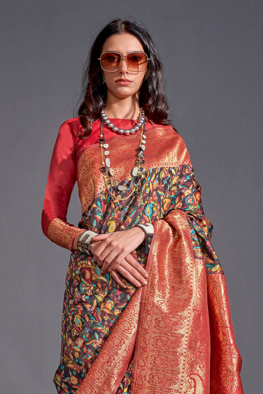 Black & Multi-coloredn Red Border Kashmiri Saree with Designer Blouse