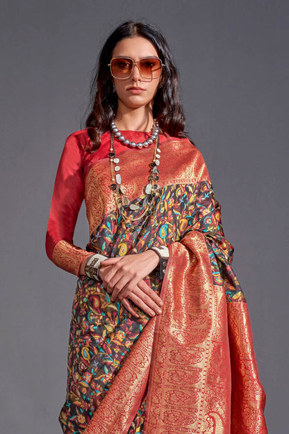 Black & Multi-coloredn Red Border Kashmiri Saree with Designer Blouse