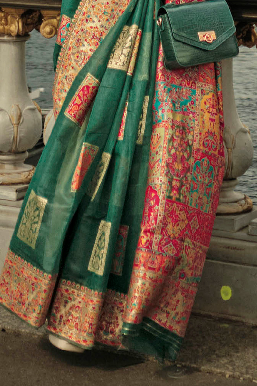 Forest Green Kashmiri Silk Saree with Beautiful Pink Designer Blouse