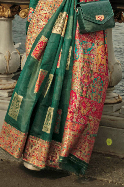 Forest Green Kashmiri Silk Saree with Beautiful Pink Designer Blouse