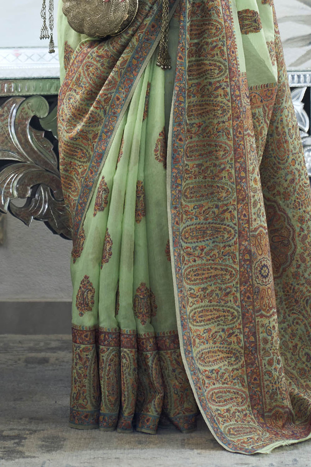 Mint Green & Floral Design Kashmiri Kani Saree with Beautiful Designer Blouse