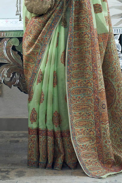 Mint Green & Floral Design Kashmiri Kani Saree with Beautiful Designer Blouse