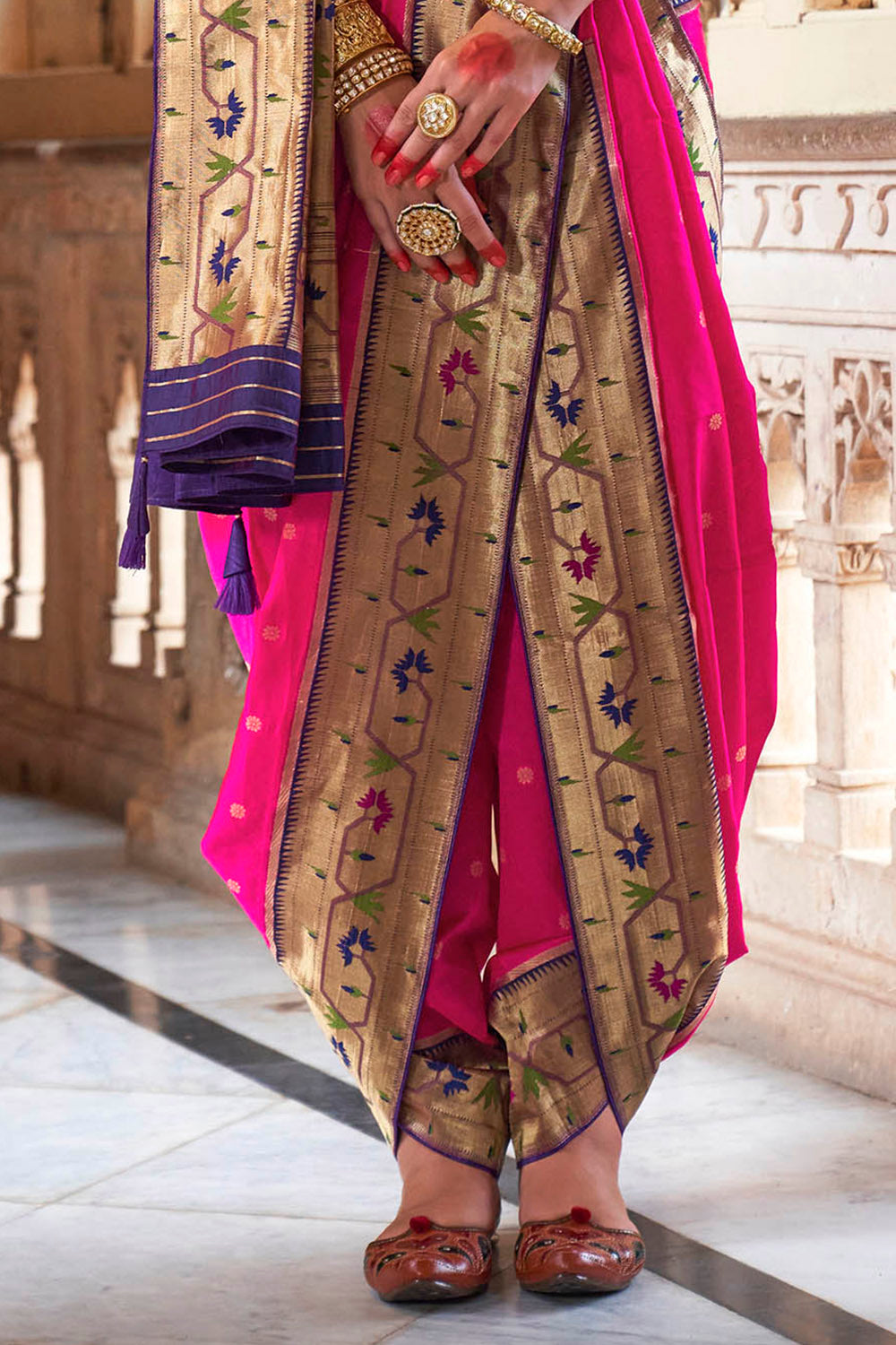 Hot pink &Golden Border Paithani Saree with Purple Designer Blouse