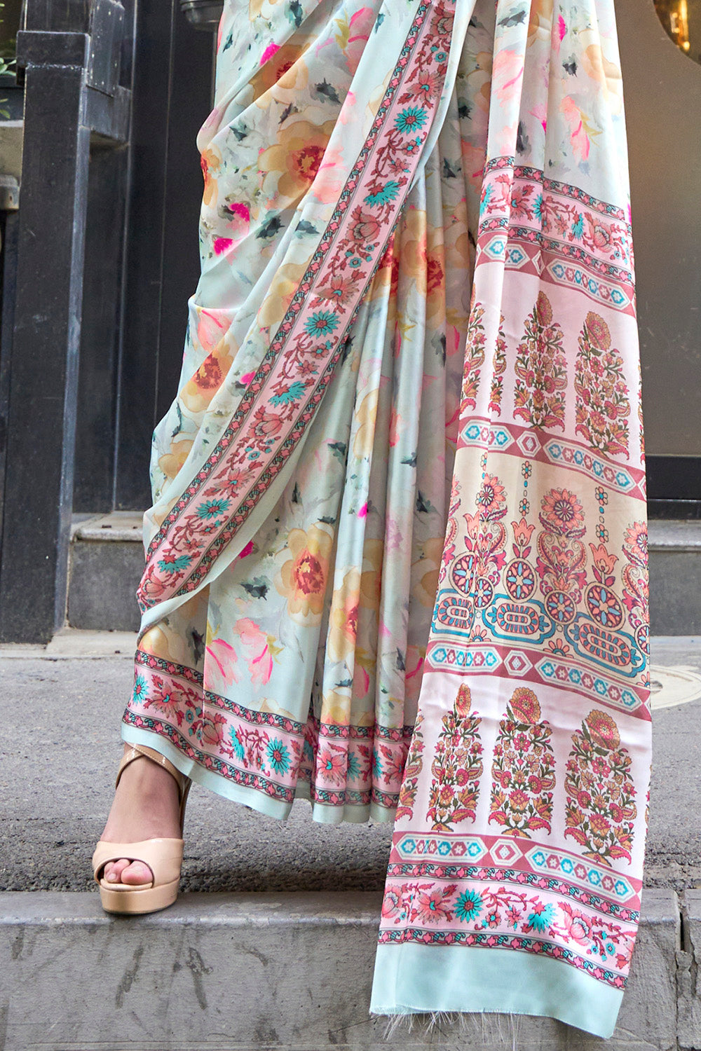 Off White & Multicolored Printed Saree with Designer Blouse