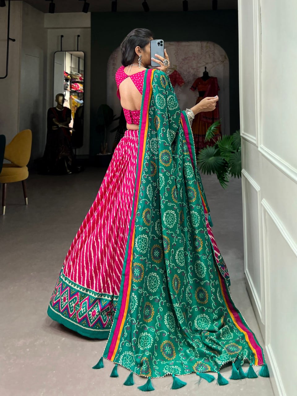Hot Pink & Jungle Green Leheriya Style Lehengas with Blouse and Dupatta