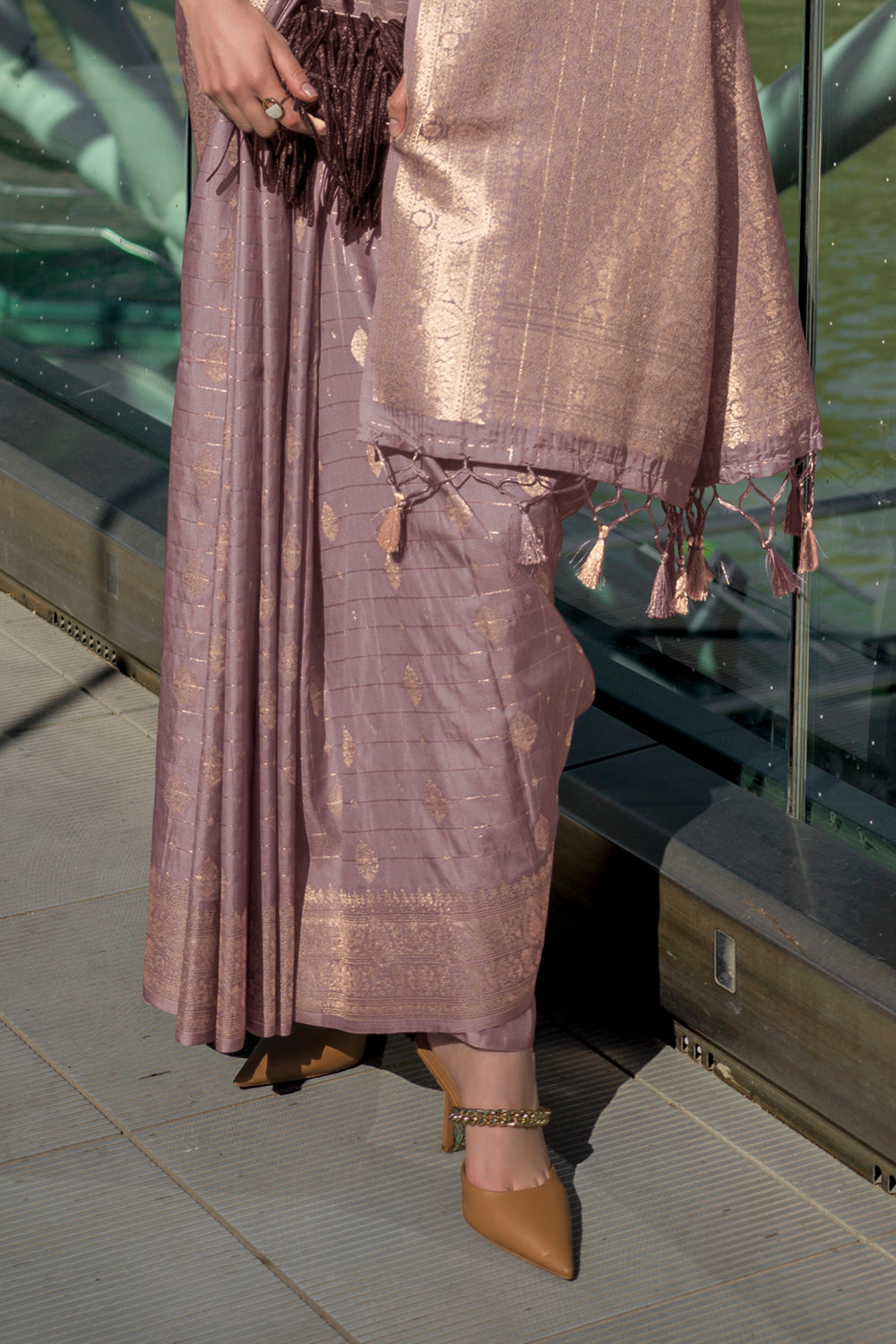 African Purple Banarasi Silk Saree with Fancy Contrast Blouse