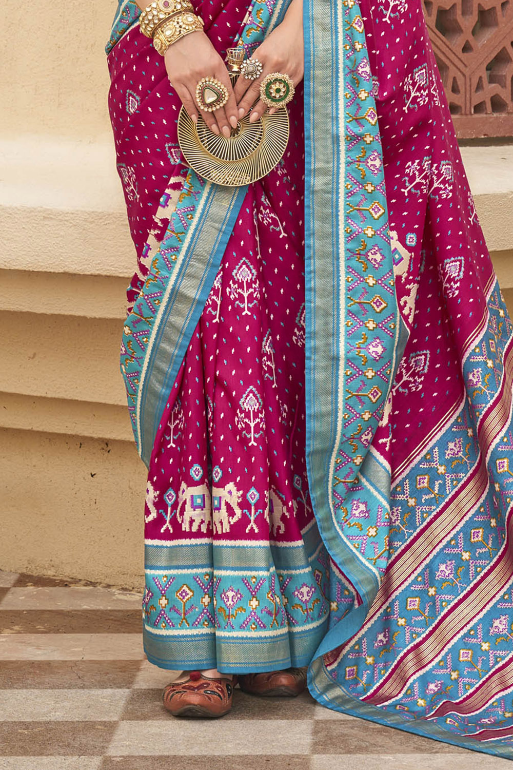 Baby Pink & Ruby Pink Ikkat Patola Saree with Contrast Baby Blue Pretty Blouse