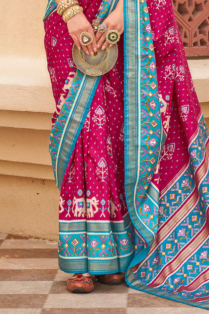 Baby Pink & Ruby Pink Ikkat Patola Saree with Contrast Baby Blue Pretty Blouse