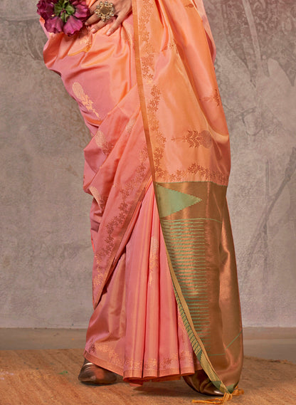 Tangerine Orange Kanjeevaram Silk Saree with Jungle Green Pretty Blouse